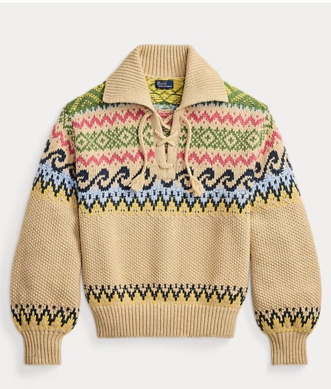 Fair isle lace-up collar sweater